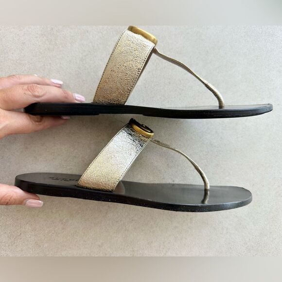 Gucci GG Marmont Sandals Metallic Gold Leather Thong Flats Flip Flops Size 36.5 - Picture 3 of 11